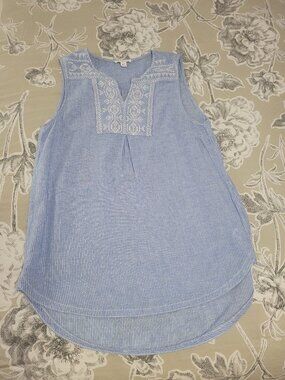 BeachLunchLounge Blue & White Linen/Cotton Sleeveless Top Tunic Medium EUC